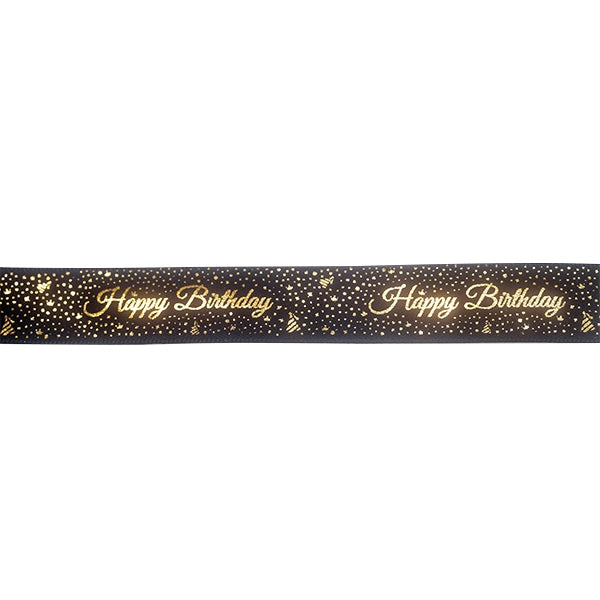 Makr Ribbon, Gold Happy Birthday Black Satin- 16mmx9.1m