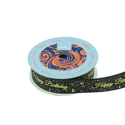 Makr Ribbon, Gold Happy Birthday Black Satin- 22mmx4.5m