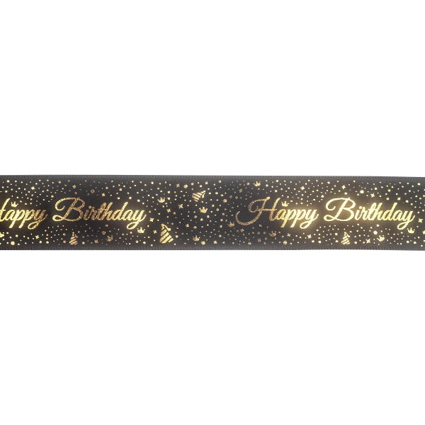 Makr Ribbon, Gold Happy Birthday Black Satin- 22mmx4.5m