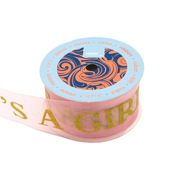 Makr Ribbon, Glitter Gold It's A Girl Pink Organza- 38mm