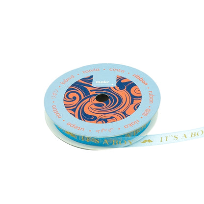 Makr Ribbon, Gold It's A Boy Blue Organza- 9mmx9.1m