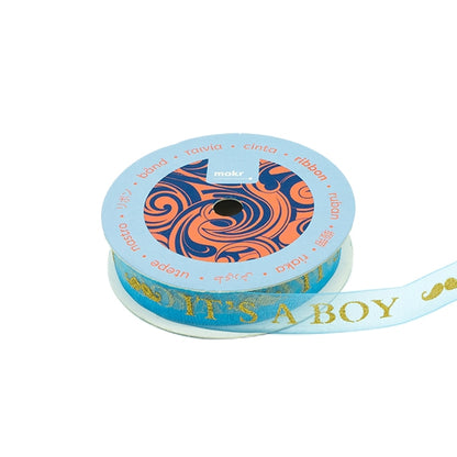 Makr Ribbon, Gold It's A Boy Blue Organza- 16mmx4.5m