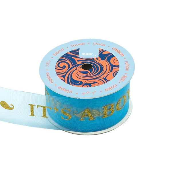 Makr Ribbon, Gold It's A Boy Blue Organza- 38mmx3.6m