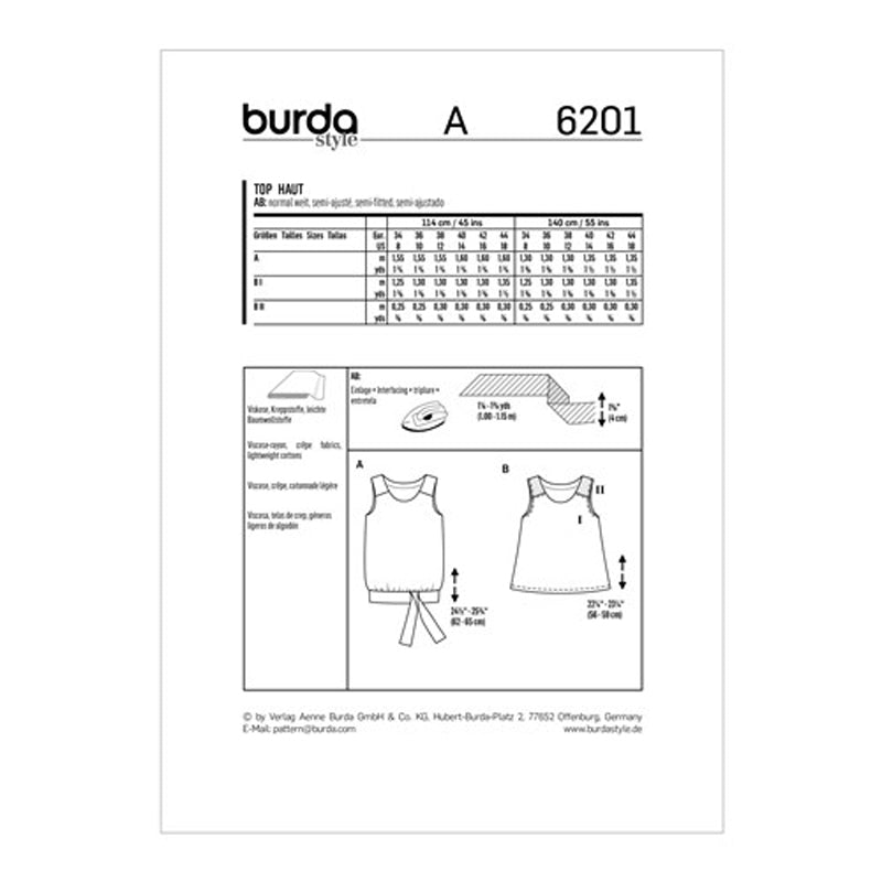 Burda Pattern X06201 Misses' Tops w/ Hem Variations (34-44)