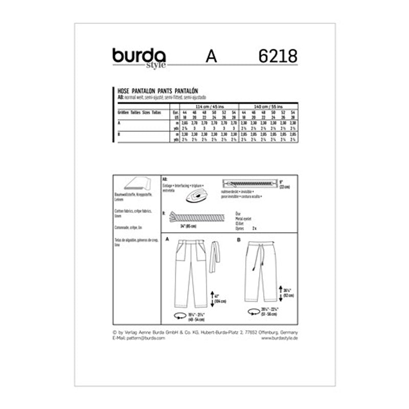 Burda Pattern X06218 Misses' Straight-Leg Pants (18-28)