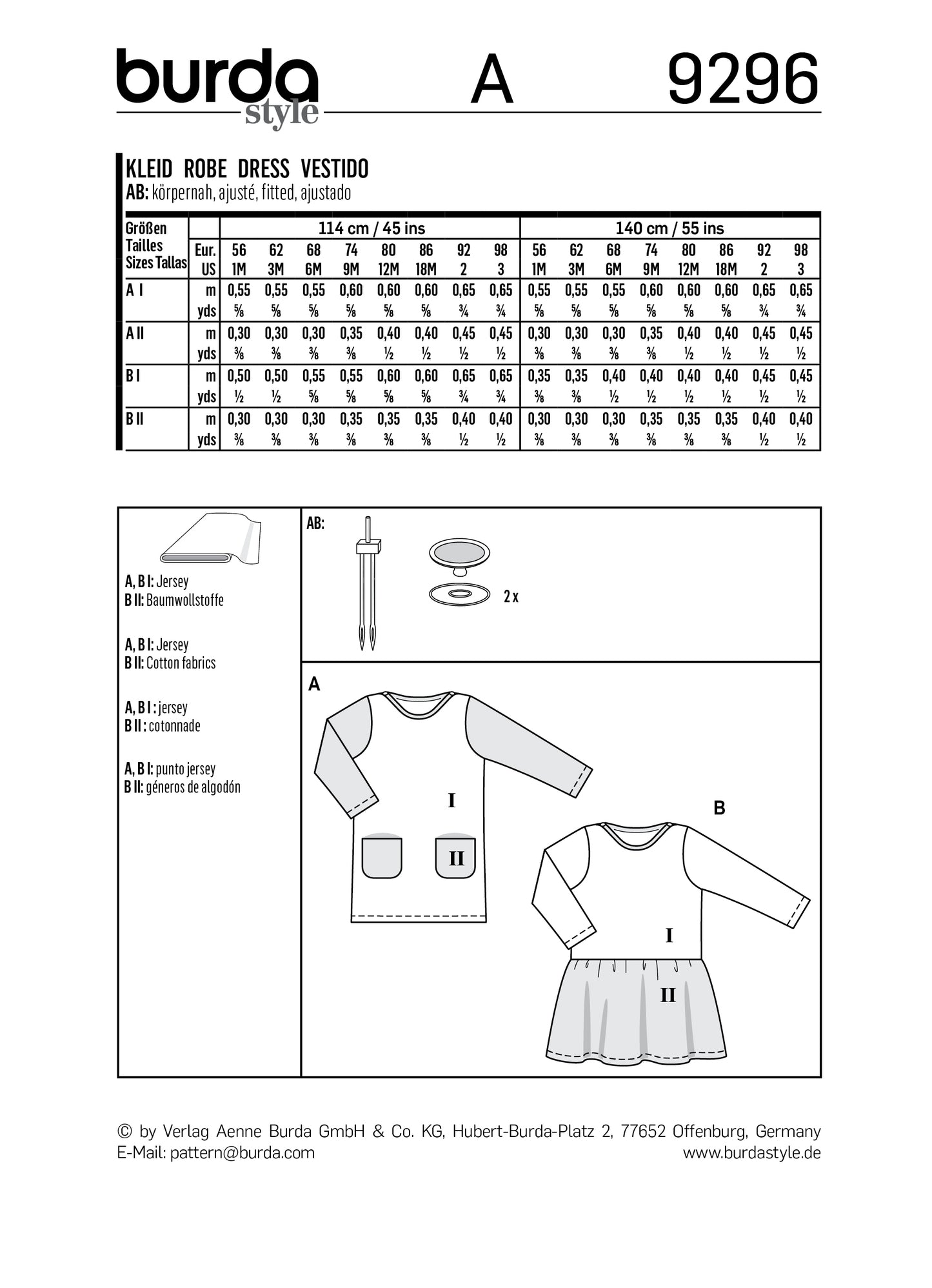 Burda Pattern X09296 Misses' Babies' Pull-On Dresses (1M-3)