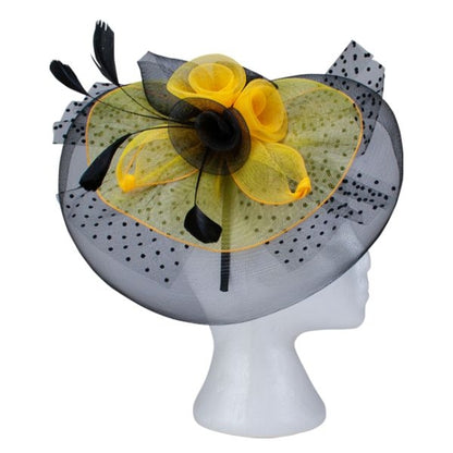 Fascinator with Goose Feather Accent, Yellow Mesh