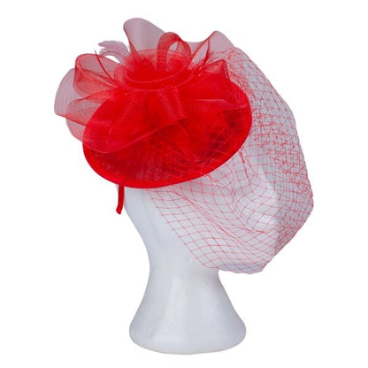 Fascinator with Rooster Feather Accent, Red Mesh