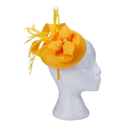 Fascinator with Goose Feather Accent, Yellow Mesh