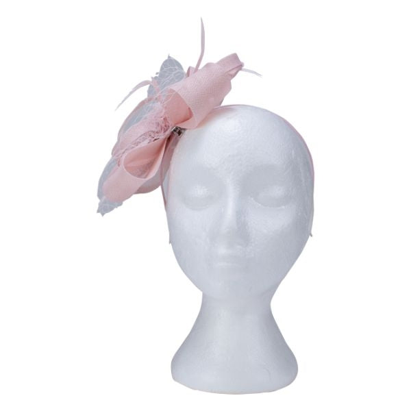 Fascinator with Goose Feather Accent, Baby Pink Mesh