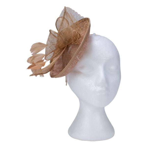 Fascinator with Goose Feather and Sinamay Accent, Khaki Mesh