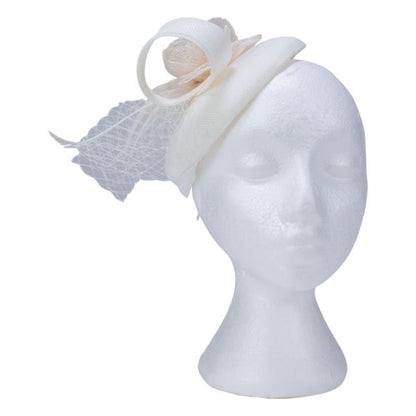 Fascinator with Goose Feather and Sinamay Accent, Cream Mesh