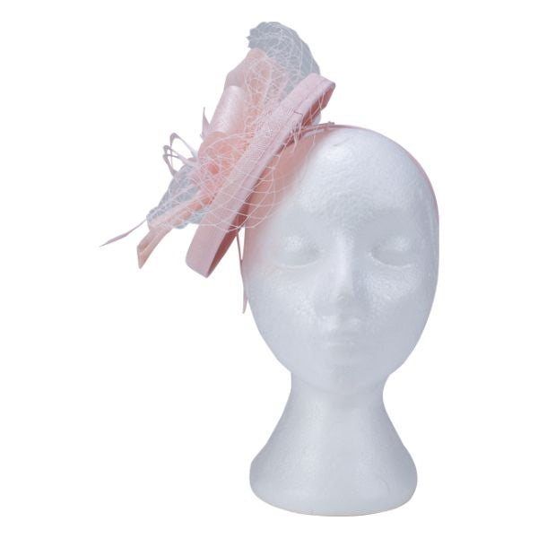 Fascinator with Goose Feather, Net and Sinamay Accent, Pink Mesh