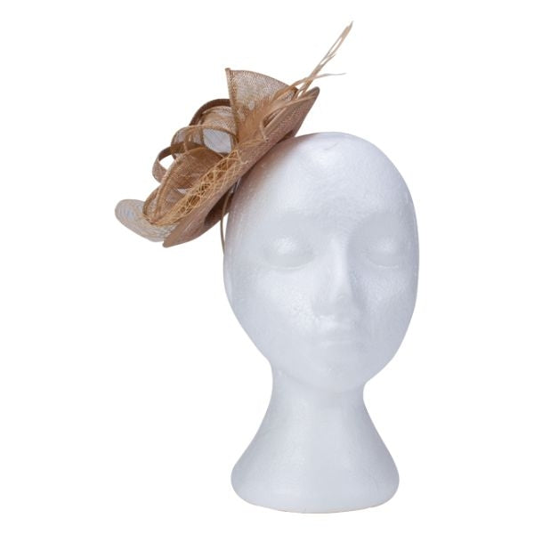 Fascinator with Goose Feather, Net and Sinamay Accent, Khaki Mesh