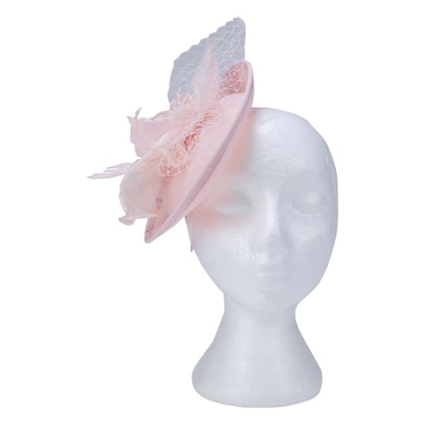 Fascinator with Goose Feather, Net and Sinamay Accent, Pink Mesh