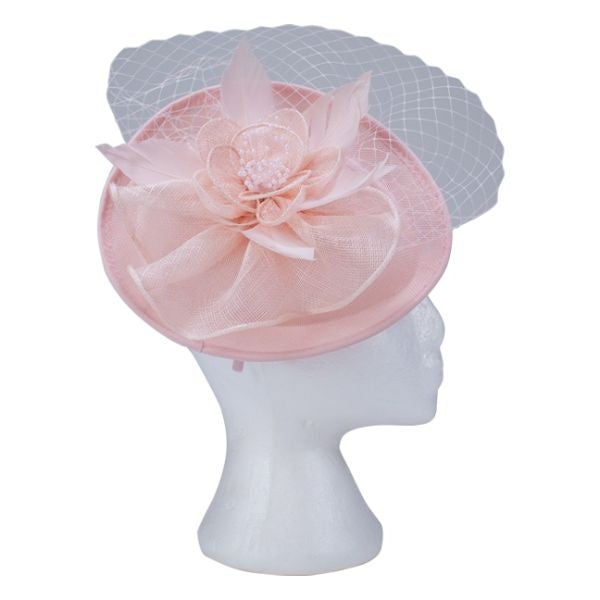 Fascinator with Goose Feather, Net and Sinamay Accent, Pink Mesh