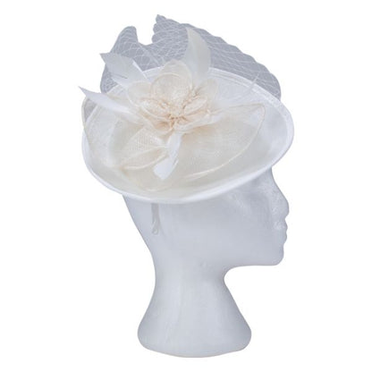 Fascinator with Goose Feather, Net & Sinamay Accent, Cream Mesh