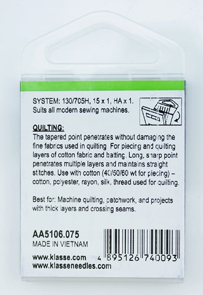 Klasse Quilting Machine Needle, Size 75/11- 6pk