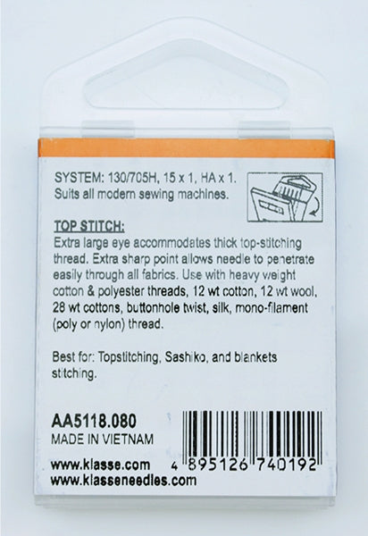 Klasse Topstitch Machine Needle, Size 80/12- 6pk