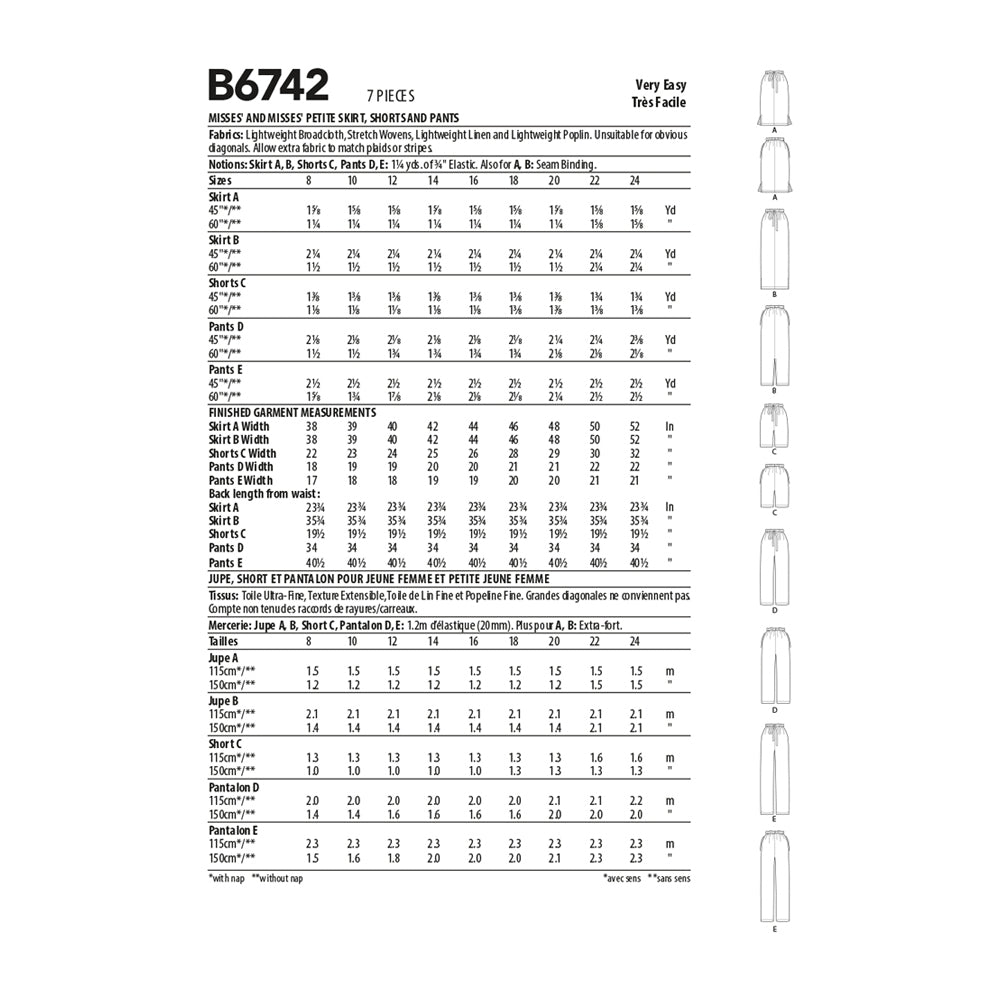 Butterick Pattern B6742 Misses'/Misses' Petite Elastic-Waist Skirts, Shorts and Pants B5 (8-10-12-14-16)