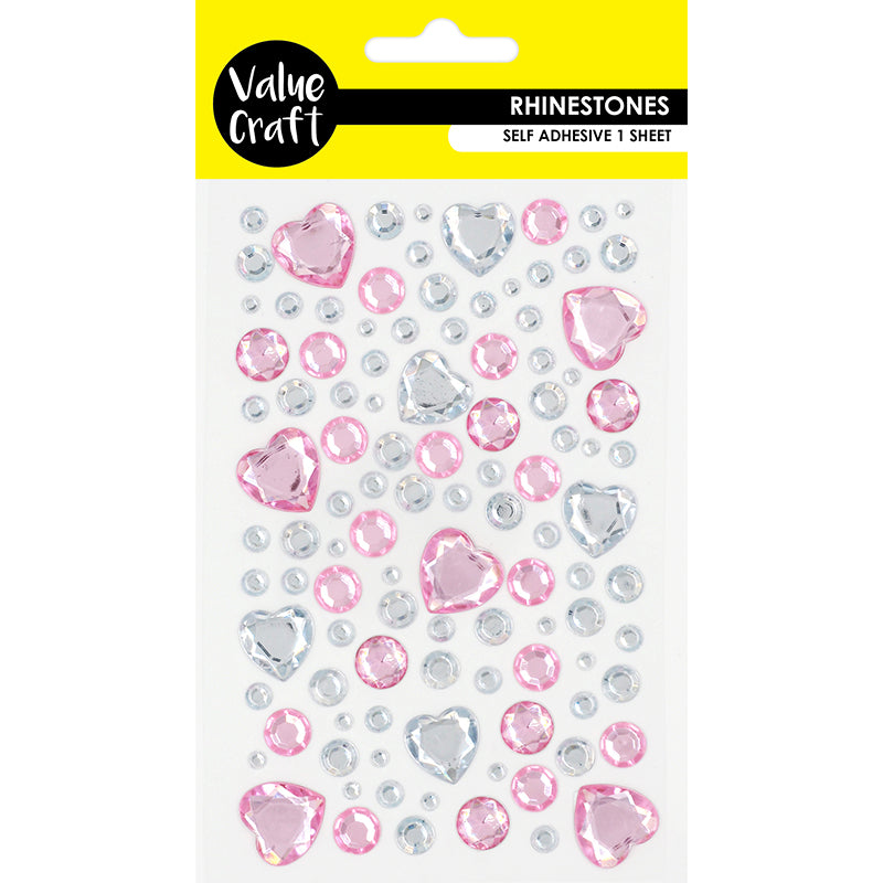 Value Craft Rhinestone Sticker, Hearts Pink-Silver