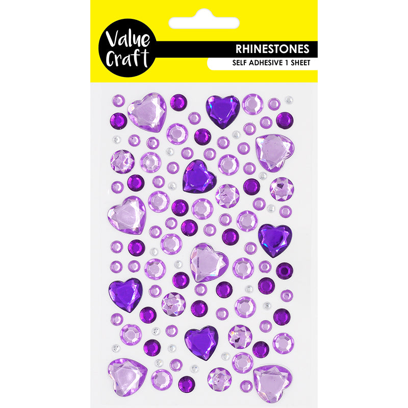 Value Craft Rhinestone Sticker, Hearts Purple-Silver