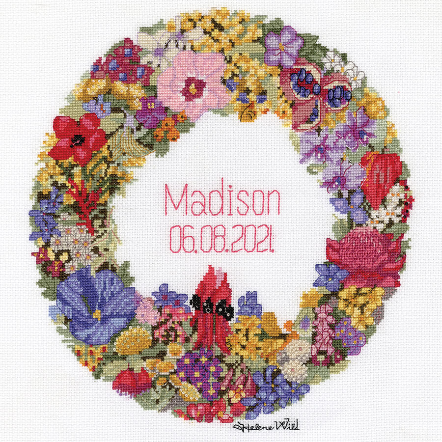 Helene Wild Cross Stitch Kit, Australian Wildflower Wreath Sampler 28