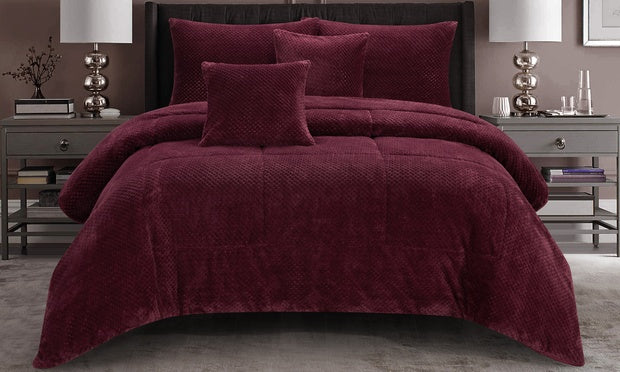 Alaria 3 Piece Waffle Fleece Comforter Set, Burgundy