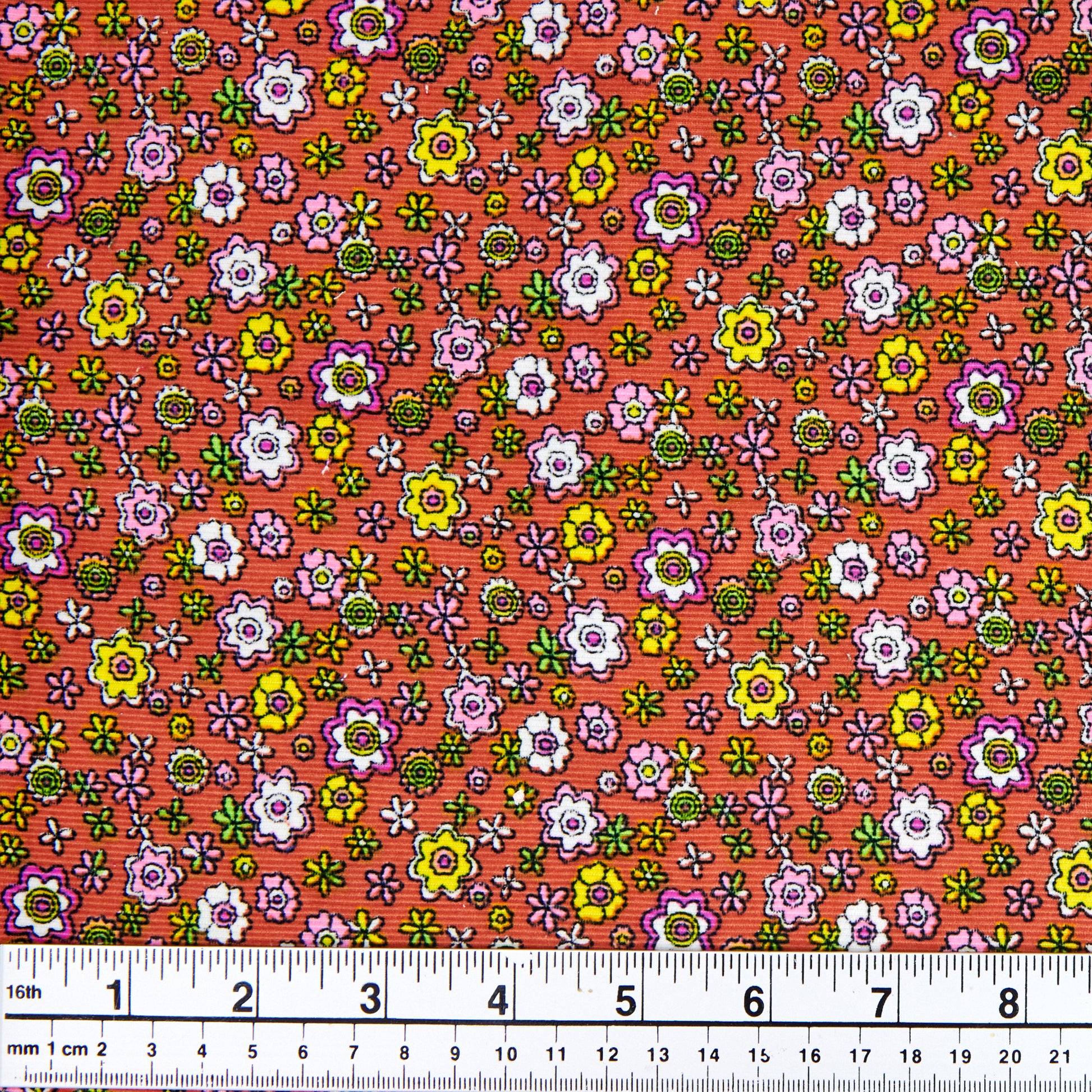 Printed Corduroy Fabric, Orange Floral- 114cm Width