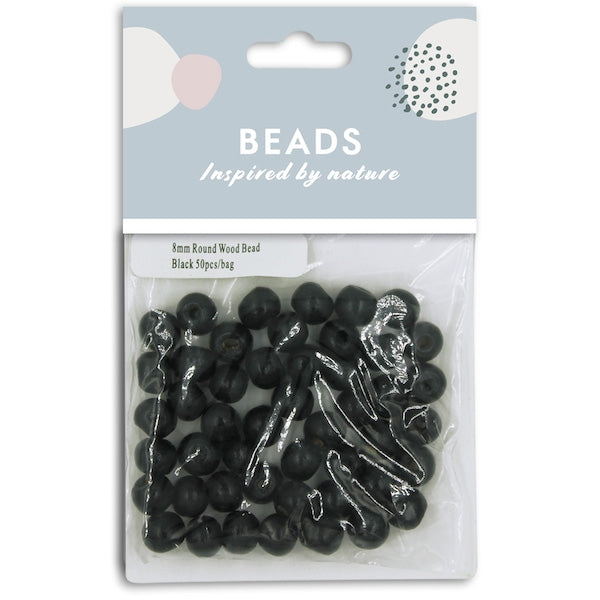 8mm Wooden Round Beads, Black- 50pc- Sullivans