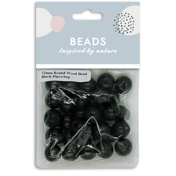 12mm Wooden Round Beads, Black- 30pc- Sullivans