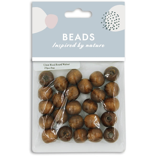 12mm Wooden Round Beads, Walnut- 25pc- Sullivans