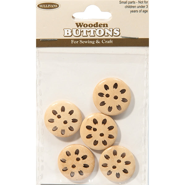 Wooden Buttons, Flower Plain- 5pk