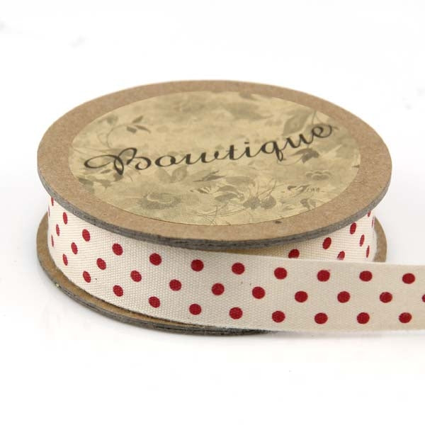 Bowtique Cotton Ribbon, Cream & Red Dots- 15mm x 5m