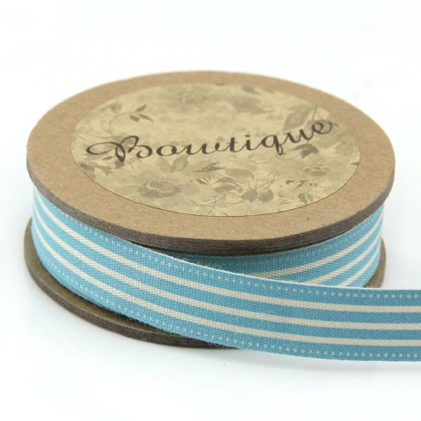 Bowtique Cotton Ribbon, Cream & Blue Stripes- 15mm x 5m