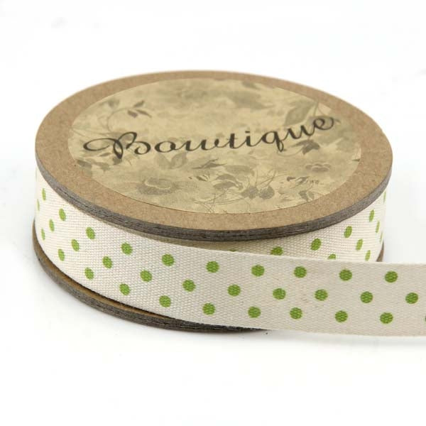 Bowtique Cotton Ribbon, Green Dots- 15mm x 5m