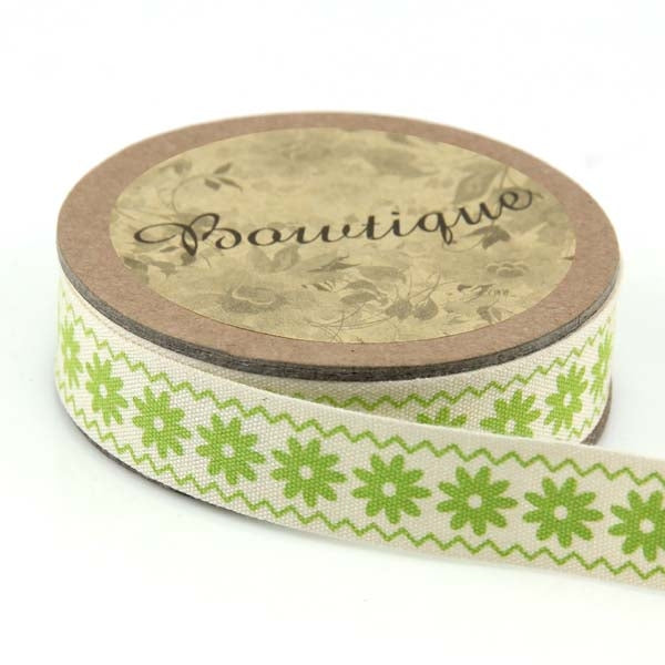 Bowtique Cotton Ribbon, Green Zigzag Flowers- 15mm x 5m