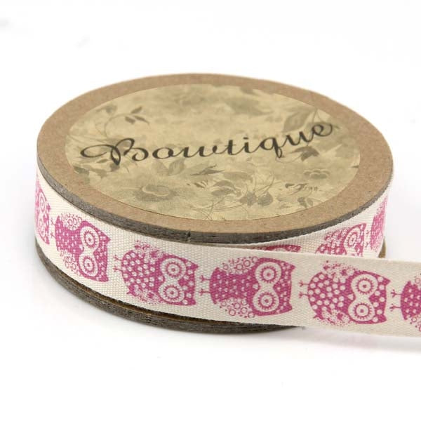 Bowtique Cotton Ribbon, Pink Owls- 15mm x 5m