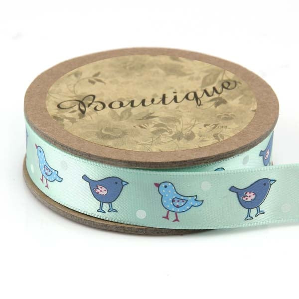 Bowtique Satin Ribbon, Blue Birdies- 15mm x 5m