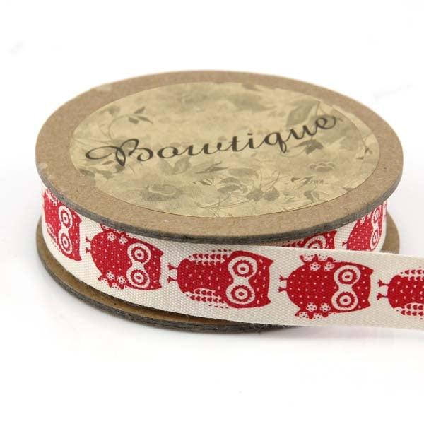 Bowtique Cotton Ribbon, Red Owls- 15mm x 5m