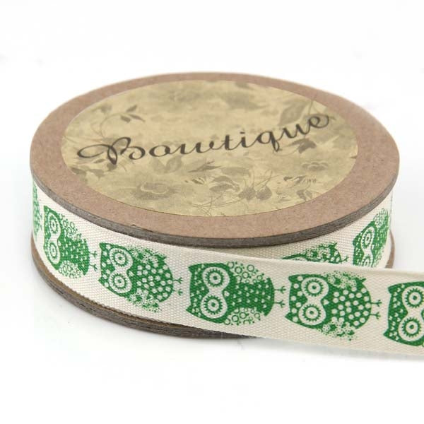 Bowtique Cotton Ribbon, Green Owls- 15mm x 5m