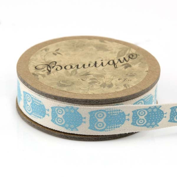 Bowtique Cotton Ribbon, Blue Owls- 15mm x 5m