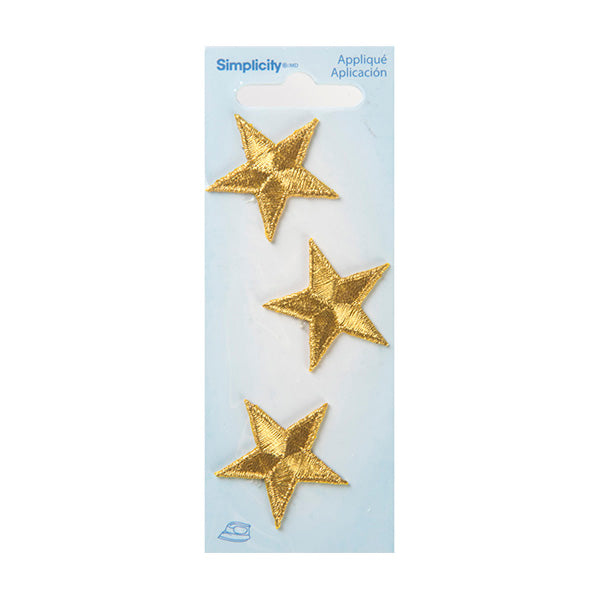 Simplicity Iron On Applique, Metallic Star Gold- 3pc