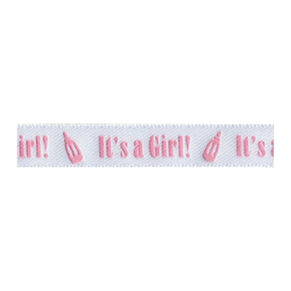 Sullivans Ribbon Satin, It's A Girl White/Pink- 25mm