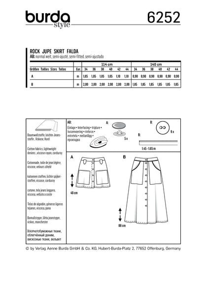 Burda Pattern 6252 Misses' Skirts, Front Fastening, Mini or Midi Length with Pocket Variations