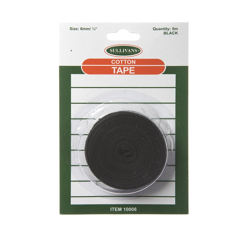 Sullivans Cotton Tape, Black- 6mm x 5m