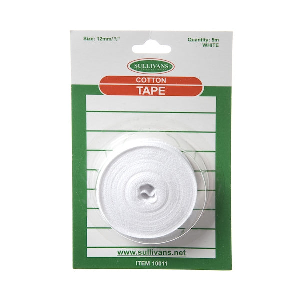 Cotton Tape, White- 12mm x 5m