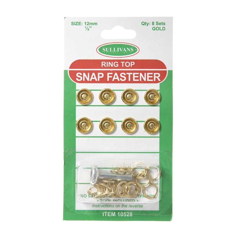 Ring Top Snap Fastener Size 12mm, Gold- 8 Sets