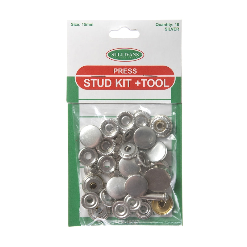 Press Stud Kit Plus Tool Size 15mm, Silver- 10 Sets