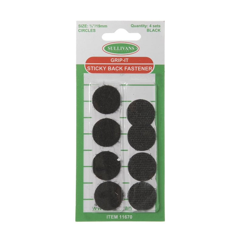 Circular Grip-It Sticky Back Fastener Size 19mm, Black- 4 Sets